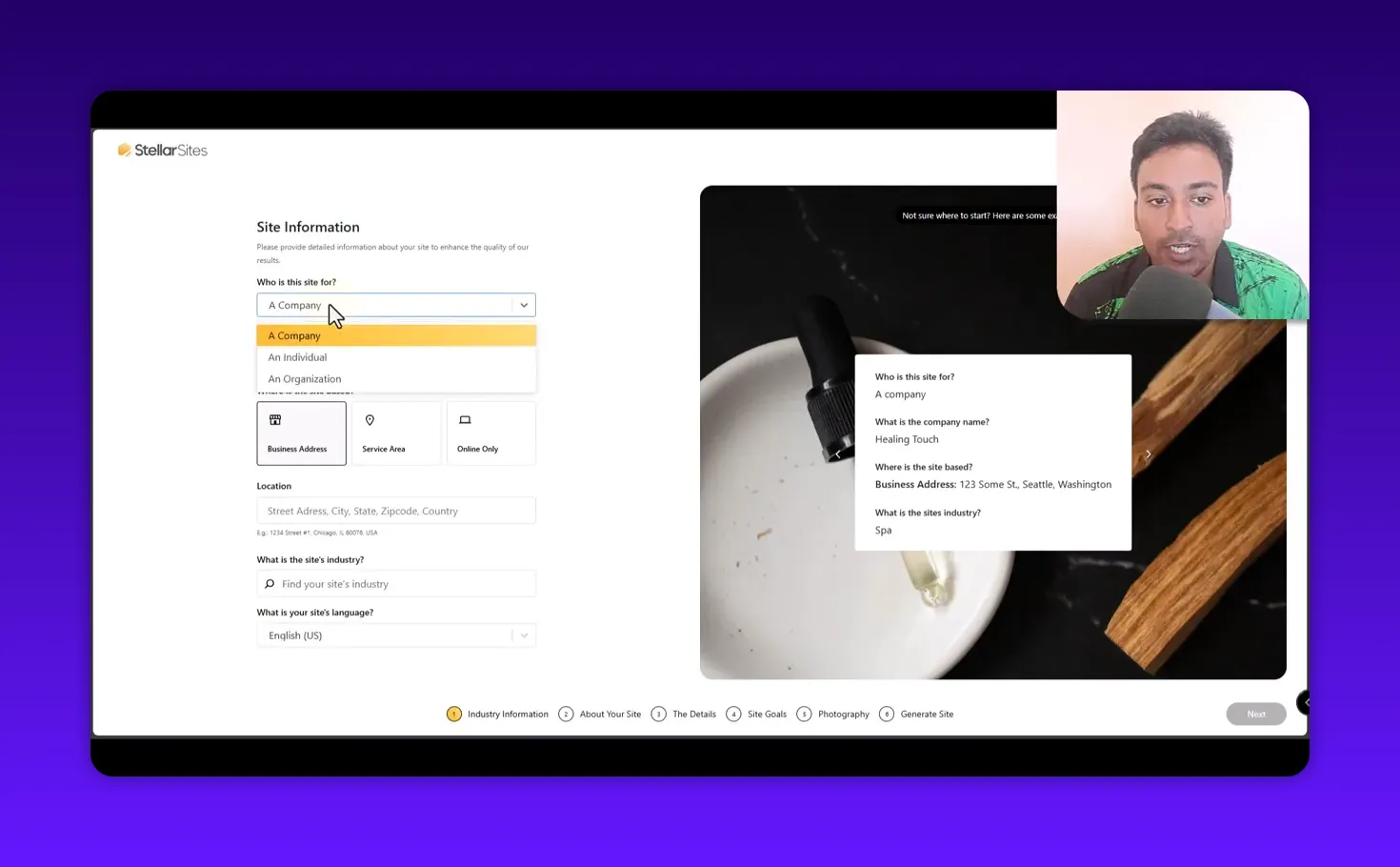 StellarSites AI wizard with the 'Who is this site for?' dropdown open and 'A Company' highlighted