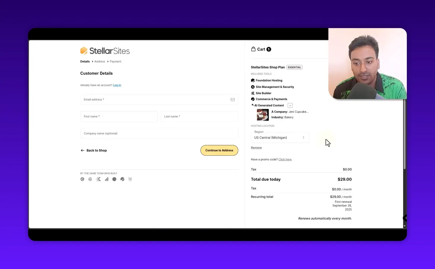 StellarSites checkout and cart summary with 'Total due today $29.00' clearly visible and presenter inset in the top-right.