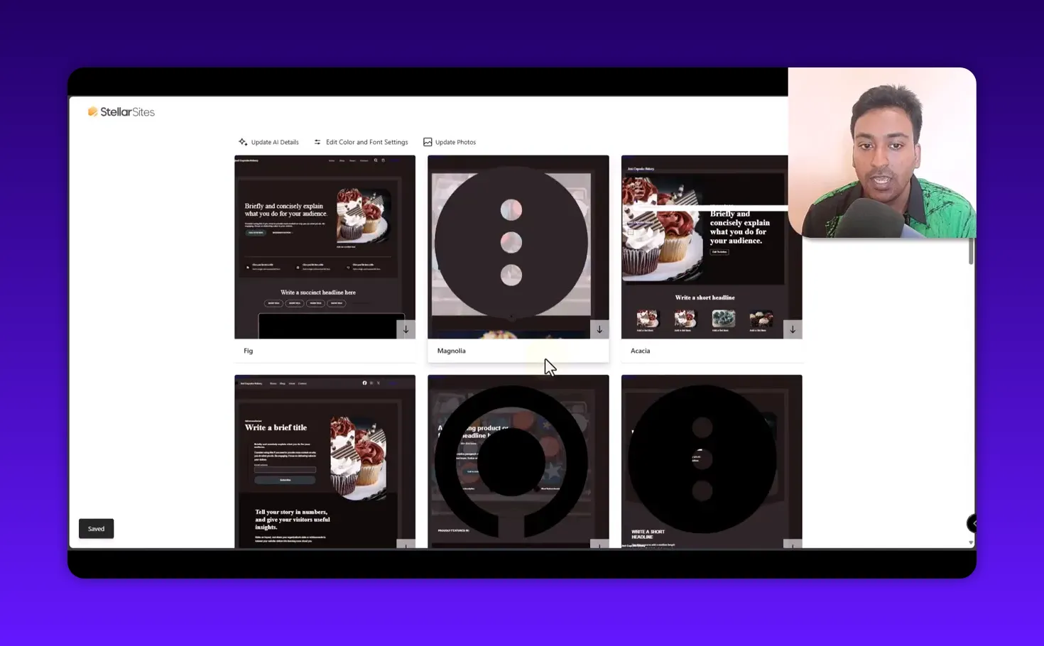 StellarSites design template gallery showing multiple theme thumbnails (Fig, Magnolia, Acacia) with a presenter inset