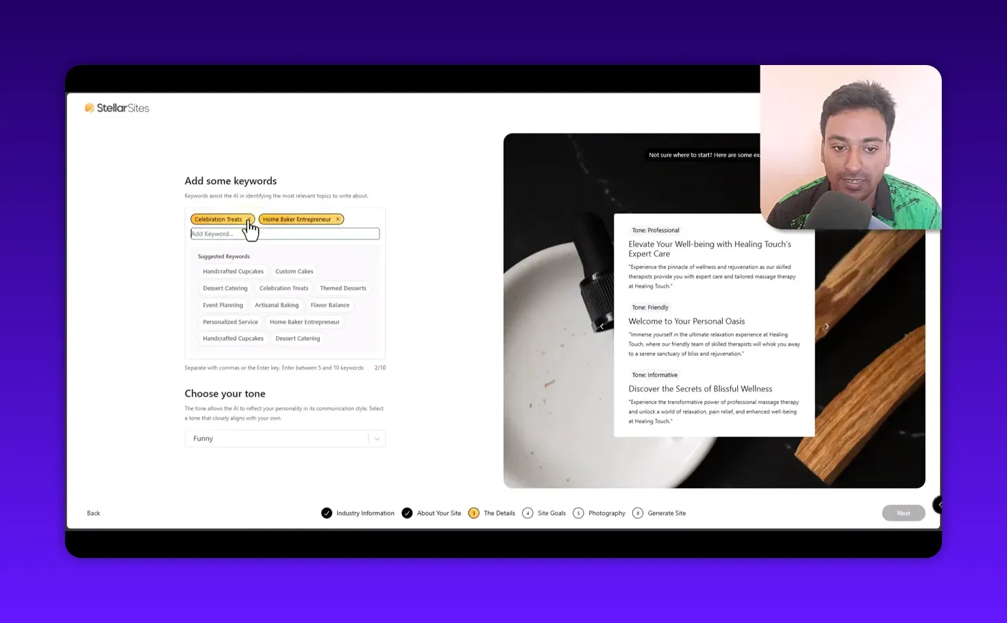 StellarSites keyword suggestions panel with cursor hovering over a tag and tone setting below