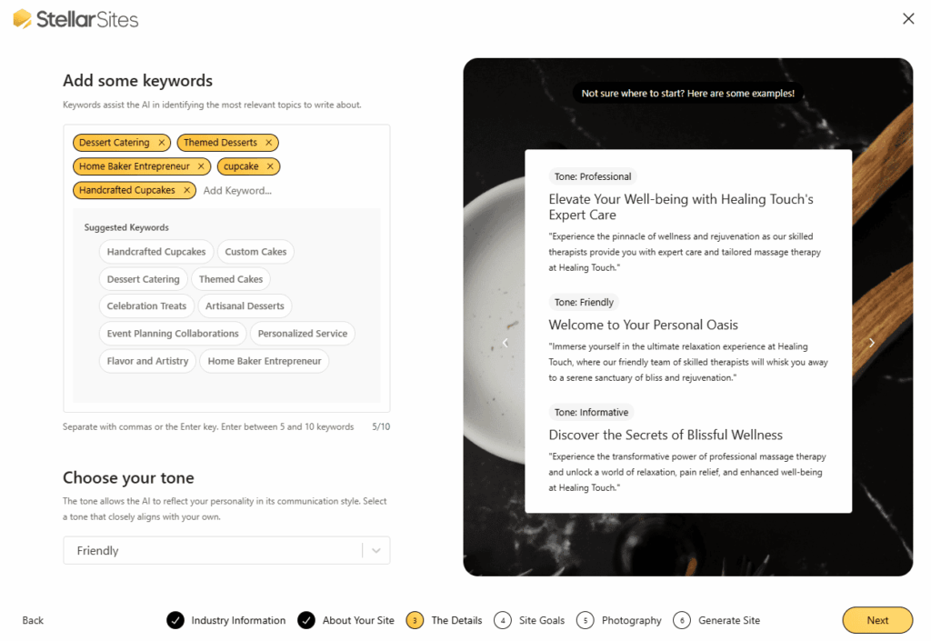 StellarSites AI website builder interface showing keyword selection and tone options. StellarSites AI website builder interface showing keyword selection and tone options.