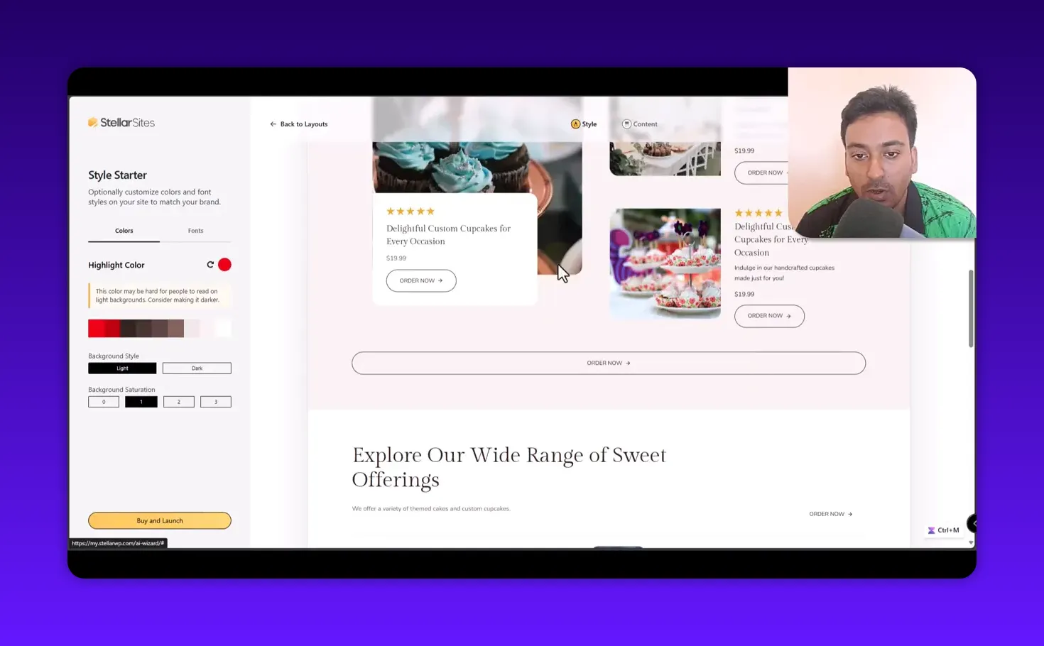 StellarSites Style Starter screen showing highlight color selector, font options on the left and a live site preview on the right with a 'Buy and Launch' button and presenter inset.