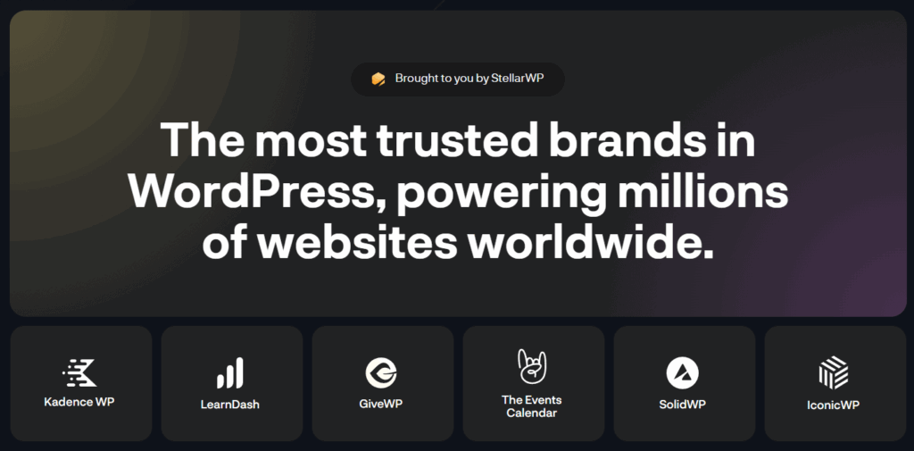 StellarWP brands: Kadence WP, LearnDash, GiveWP, The Events Calendar, SolidWP, IconicWP. StellarWP brands: Kadence WP, LearnDash, GiveWP, The Events Calendar, SolidWP, IconicWP.