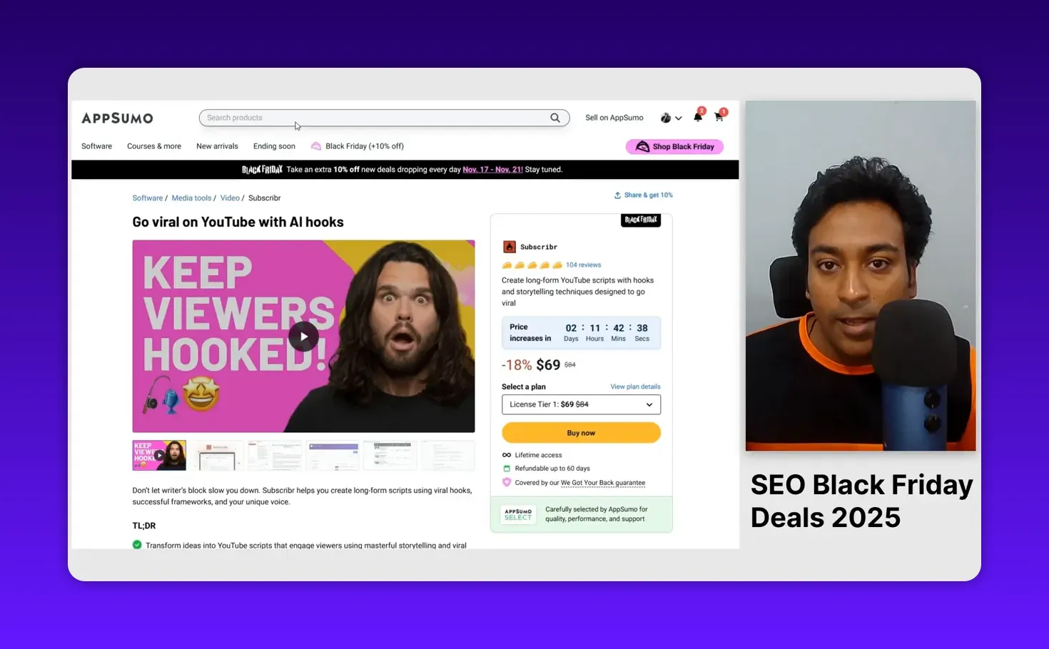Subscribr AppSumo product page with 'KEEP VIEWERS HOOKED' thumbnail, price timer and presenter at right