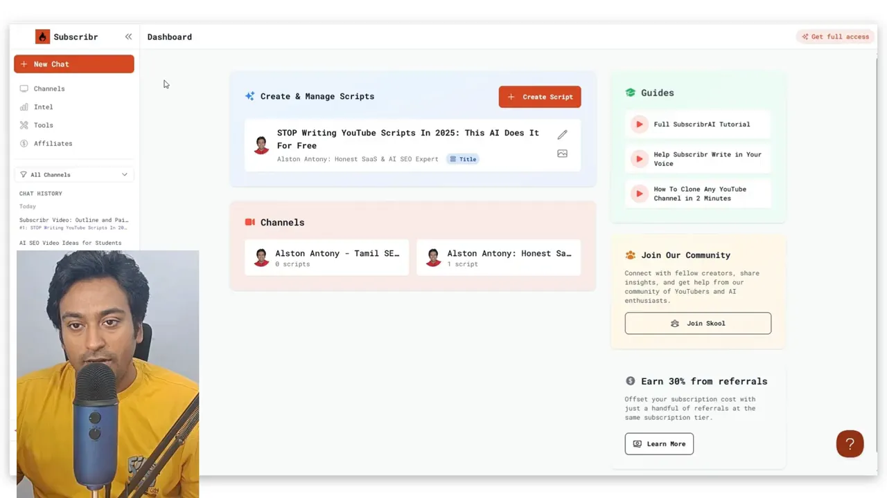 Subscribr dashboard showing Create & Manage Scripts card, Channels panel and a small presenter video overlay