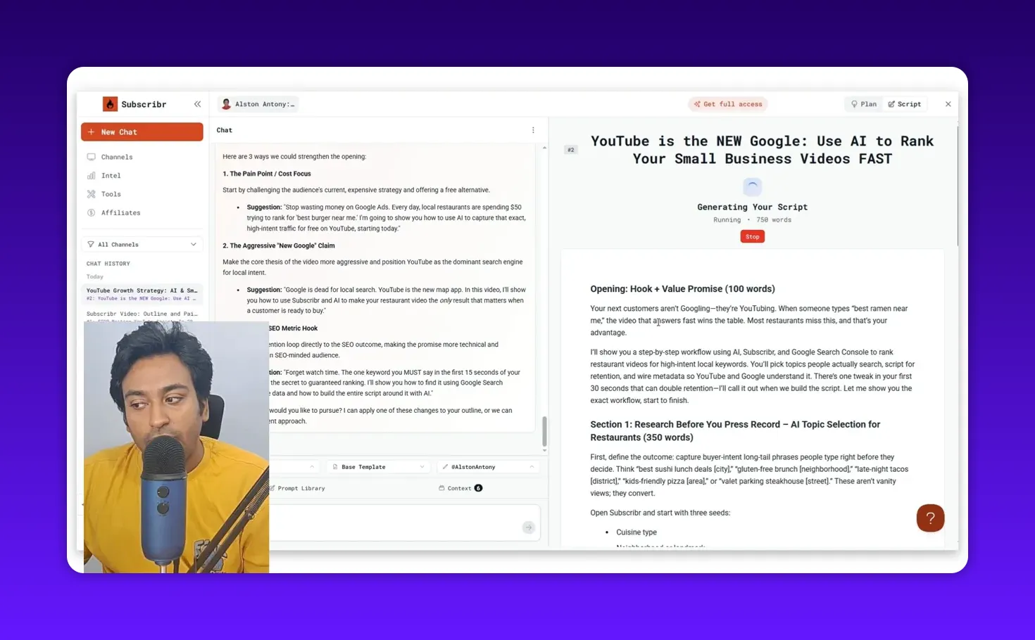 Subscribr interface displaying 'Generating Your Script' and a script outline on the right, chat and prompt area on the left with a presenter inset in the corner.