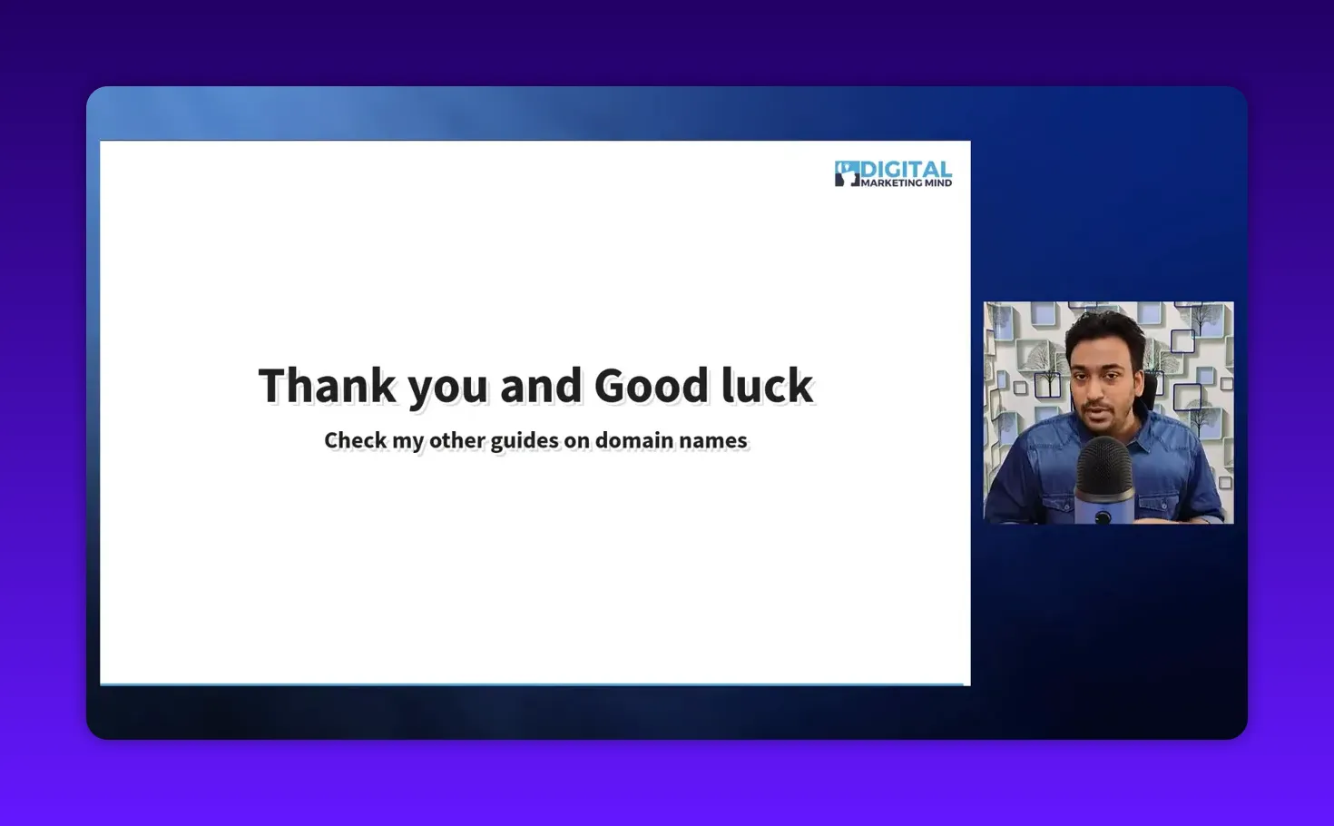 Clear presentation slide 'Thank you and Good luck' occupying most of the frame with the presenter visible in an unobtrusive inset at right.