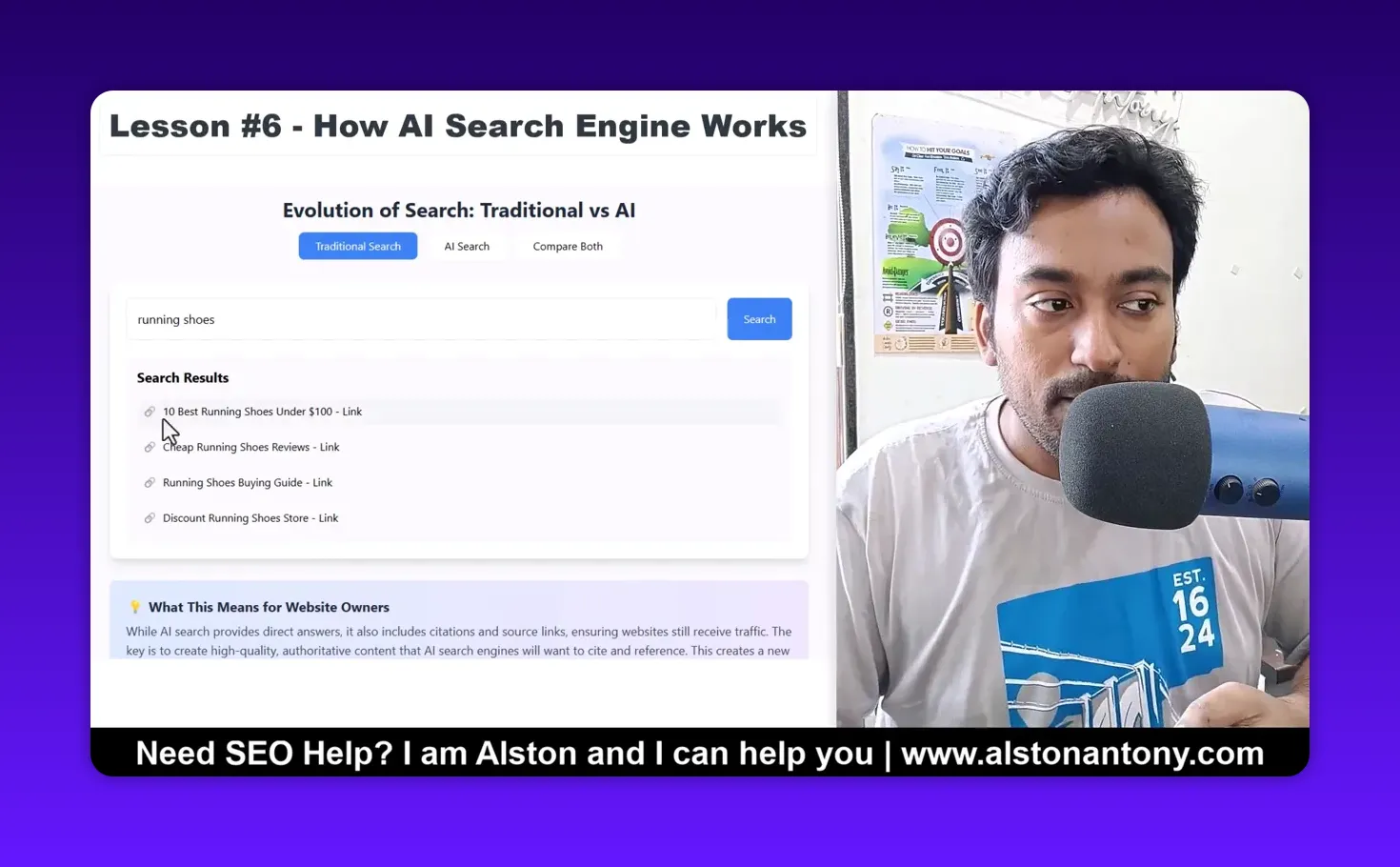 Crisp screenshot of a traditional search mockup showing 'running shoes' query and a list of link-style results with a cursor over the top result, presenter to the right