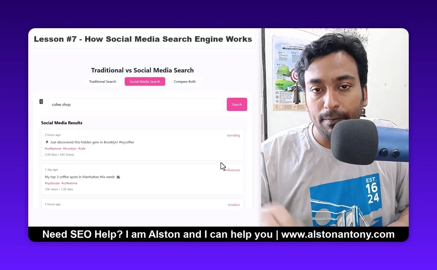 Clear split-screen: 'Traditional vs Social Media Search' header and social media results on the left, presenter at a microphone on the right