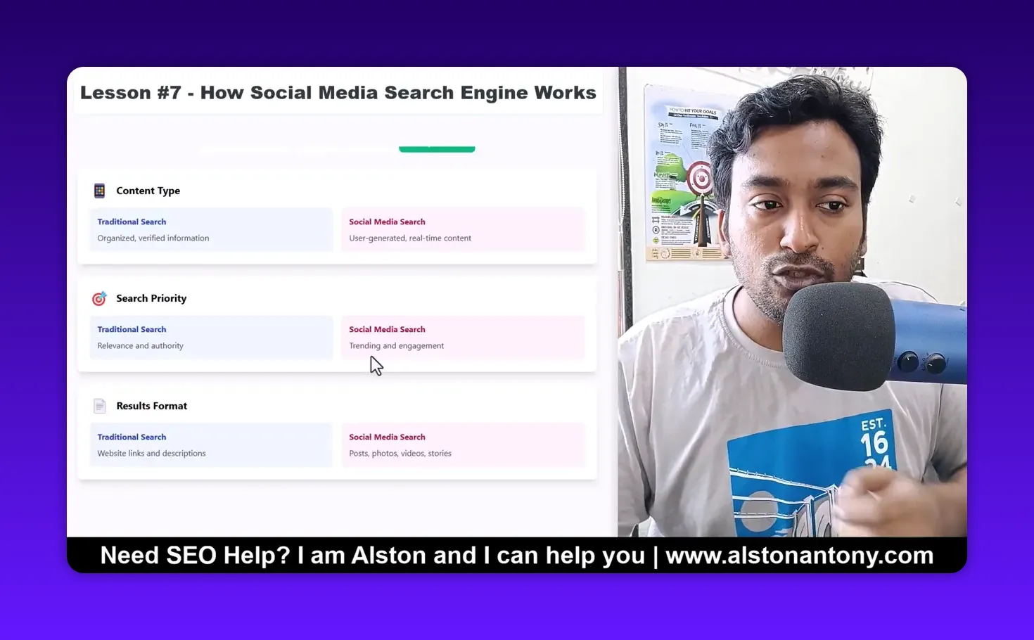 Cursor pointing to 'Trending and engagement' under 'Social Media Search' on a presentation slide, shown next to the presenter