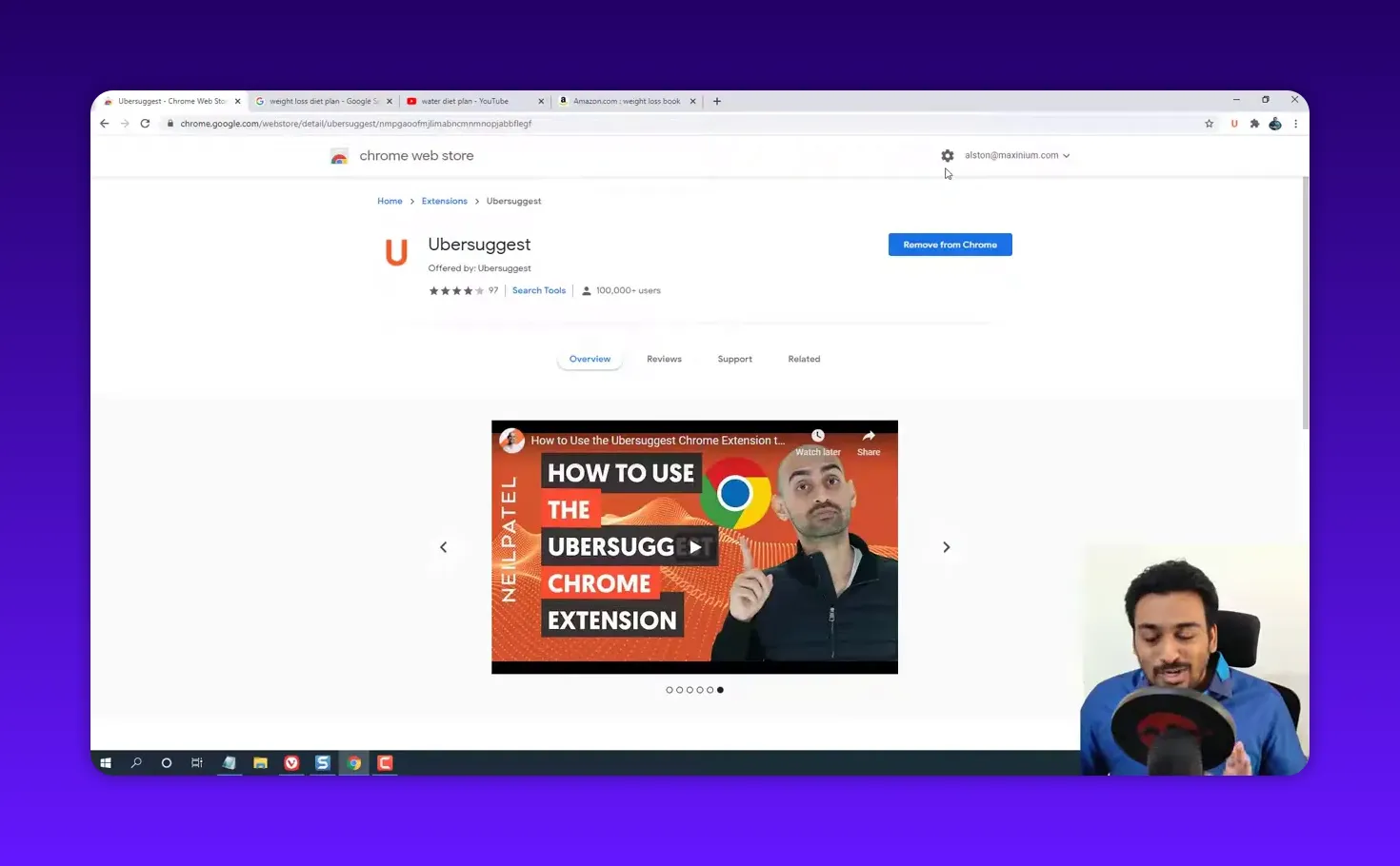 Chrome Web Store page showing the Ubersuggest extension listing and an embedded demo video thumbnail, with a small presenter inset.