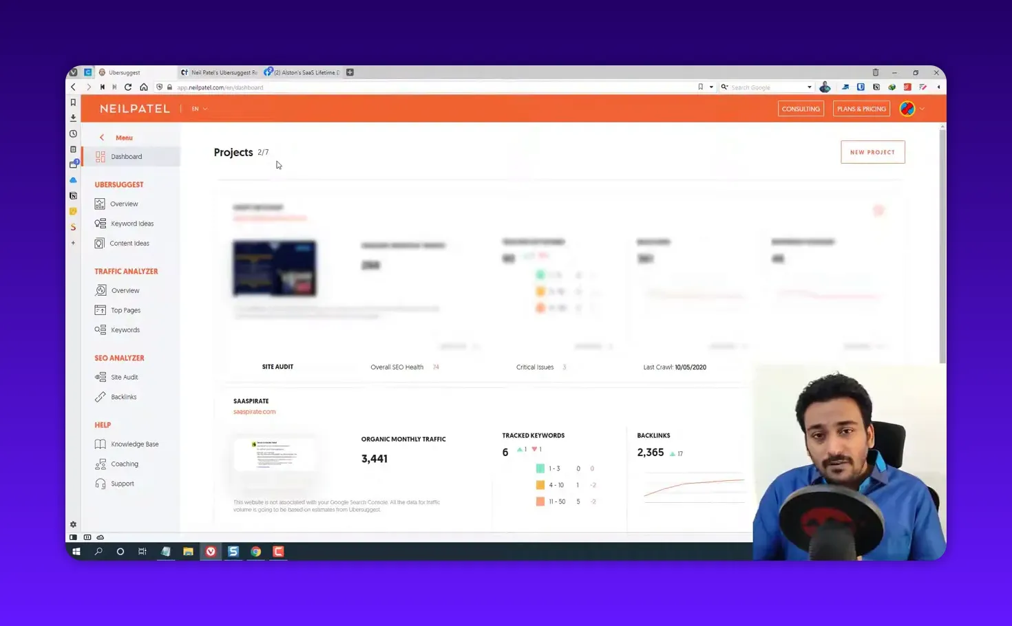 High‑quality screenshot of the Ubersuggest projects dashboard with NEILPATEL header, left navigation and visible metrics for organic monthly traffic, tracked keywords and backlinks.