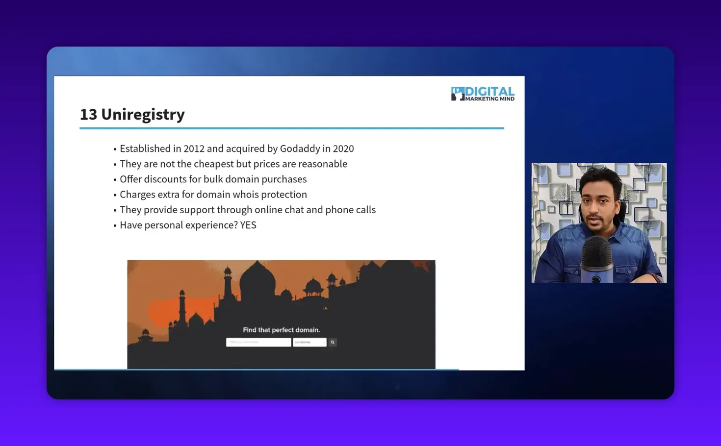 Clear presentation slide '13 Uniregistry' with readable bullet points about acquisition, pricing and WHOIS privacy and a modest presenter inset on the right.