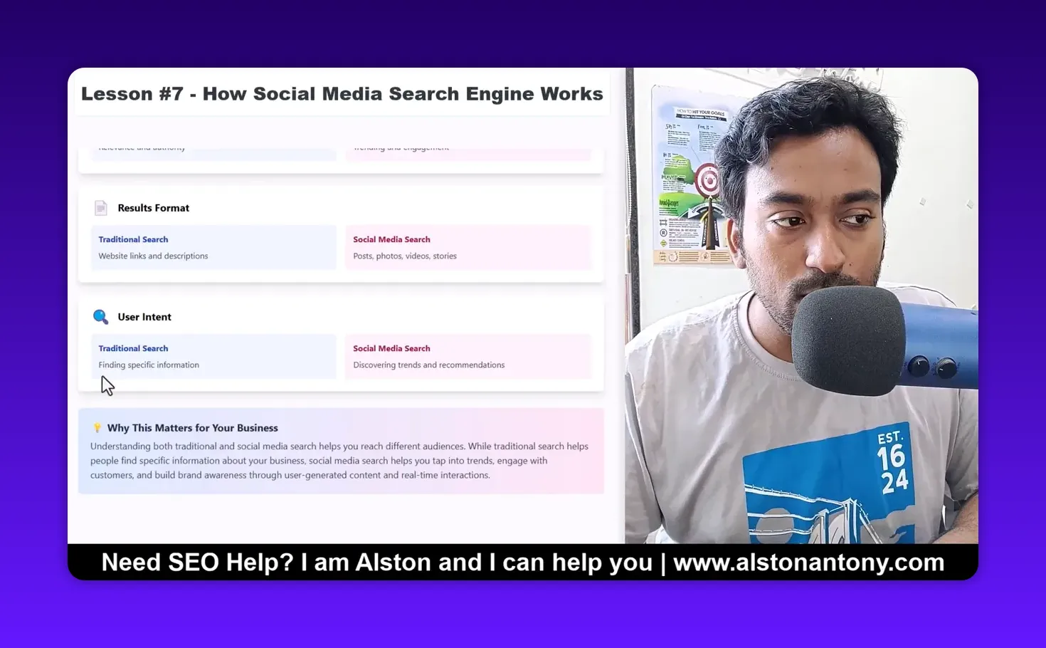 Clear screenshot of 'User Intent' comparison (Traditional Search vs Social Media Search) with presenter pointing toward the slide