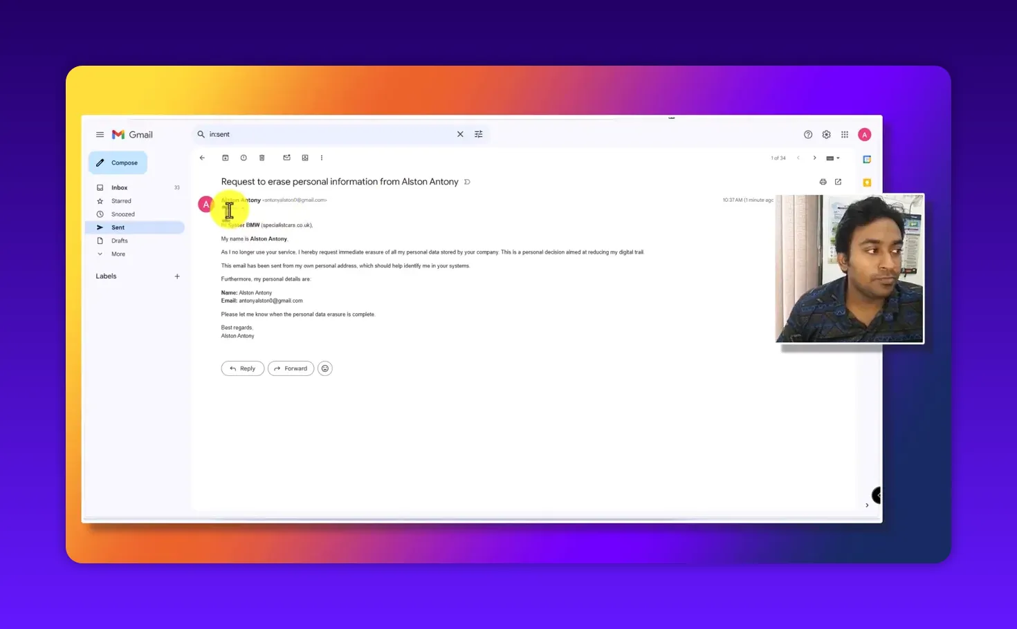 Gmail Sent view showing a 'Request to erase personal information' email with the deletion request content visible and a small presenter overlay.