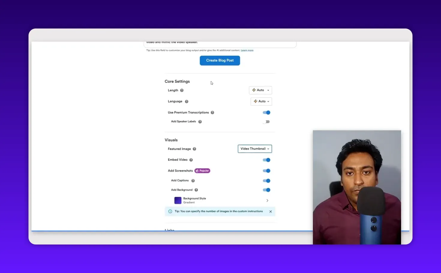 Clean screenshot of the app's settings page displaying the Core Settings and Visuals sections with Add Screenshots and Add Captions toggled on; small presenter overlay in lower-right