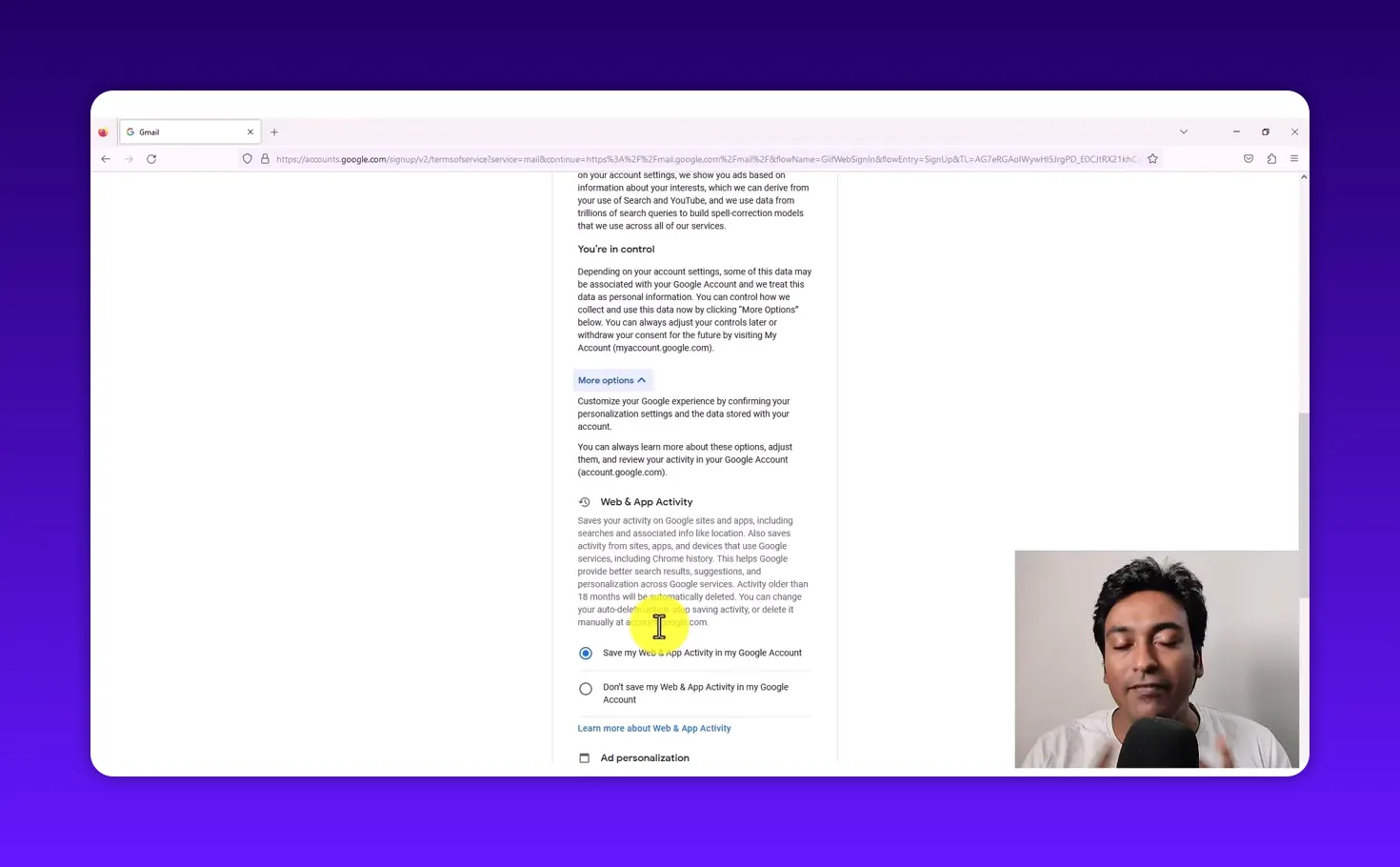 Google privacy 'More options' section with Web & App Activity radio buttons visible