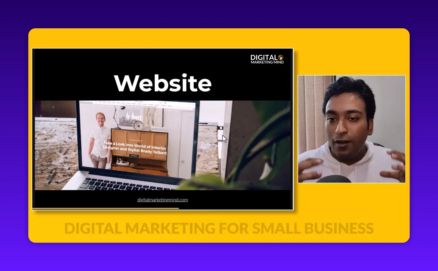 Slide titled 'Website' visible on the left and the presenter gesturing in a video inset on a yellow background — clear, readable slide.