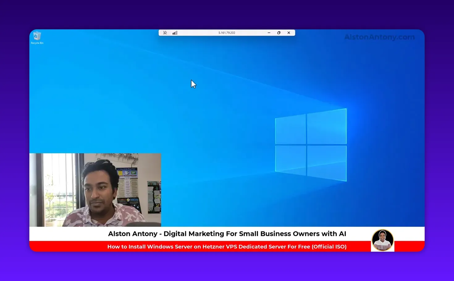 Windows Server desktop shown in a remote session with the Windows wallpaper and presenter webcam overlay
