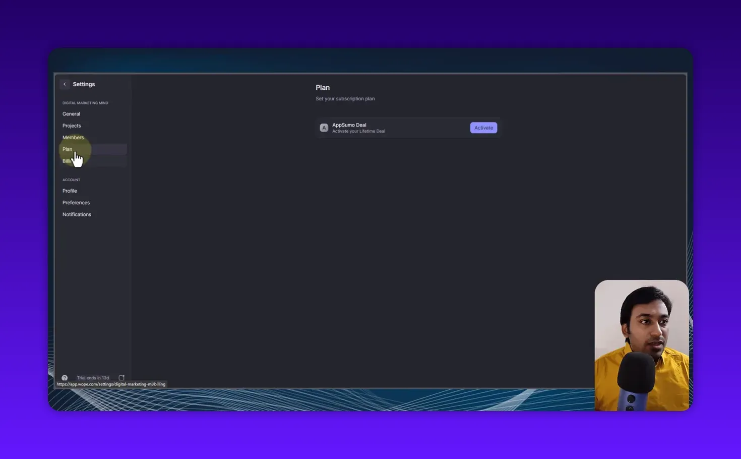 Wope settings showing the Plan page with 'AppSumo Deal' and an 'Activate' button highlighted in the center and the left menu item 'Plan' selected.