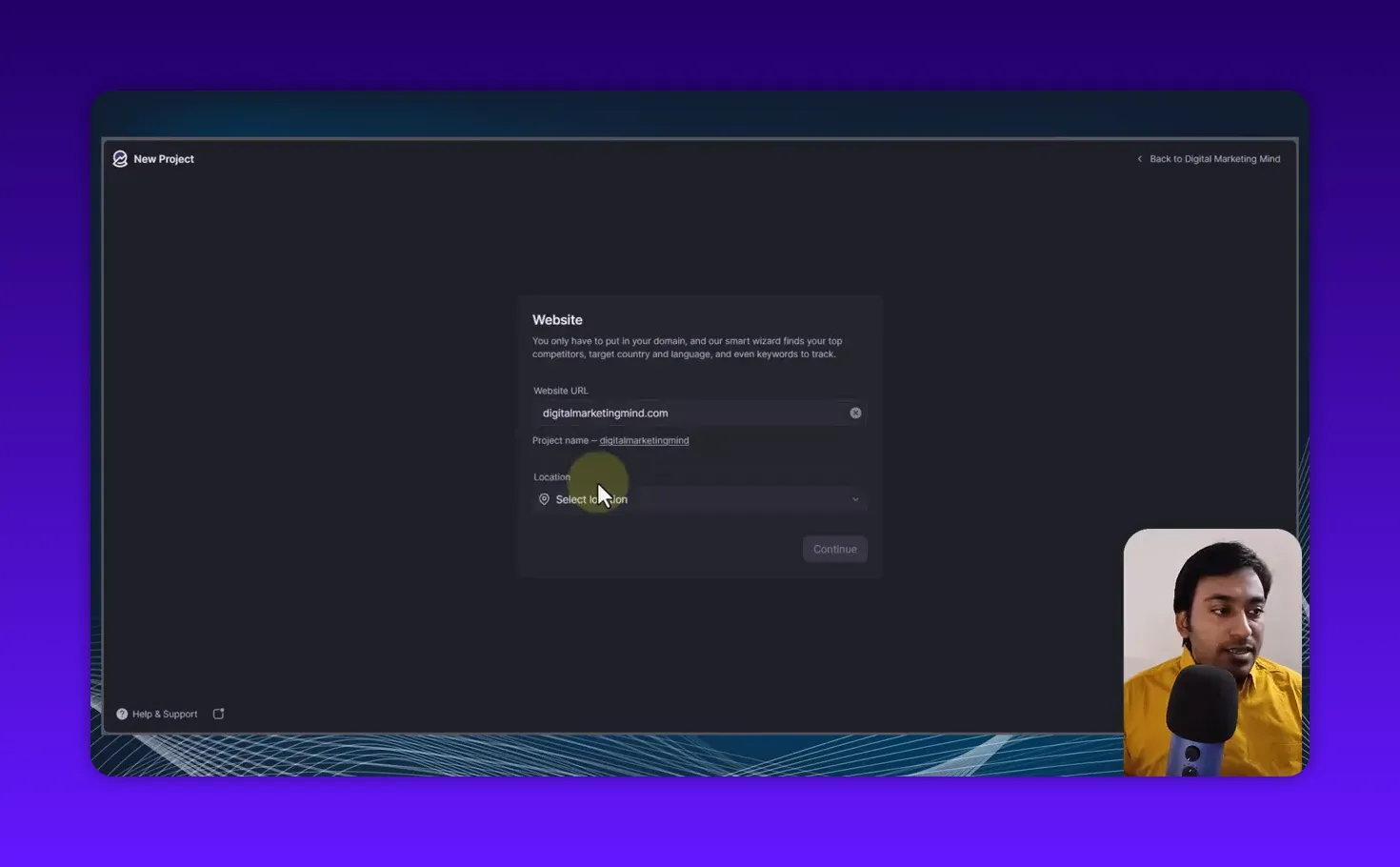 Wope New Project dialog showing Website URL, Project name and Location fields with the cursor on the location selector and a presenter inset in the corner.