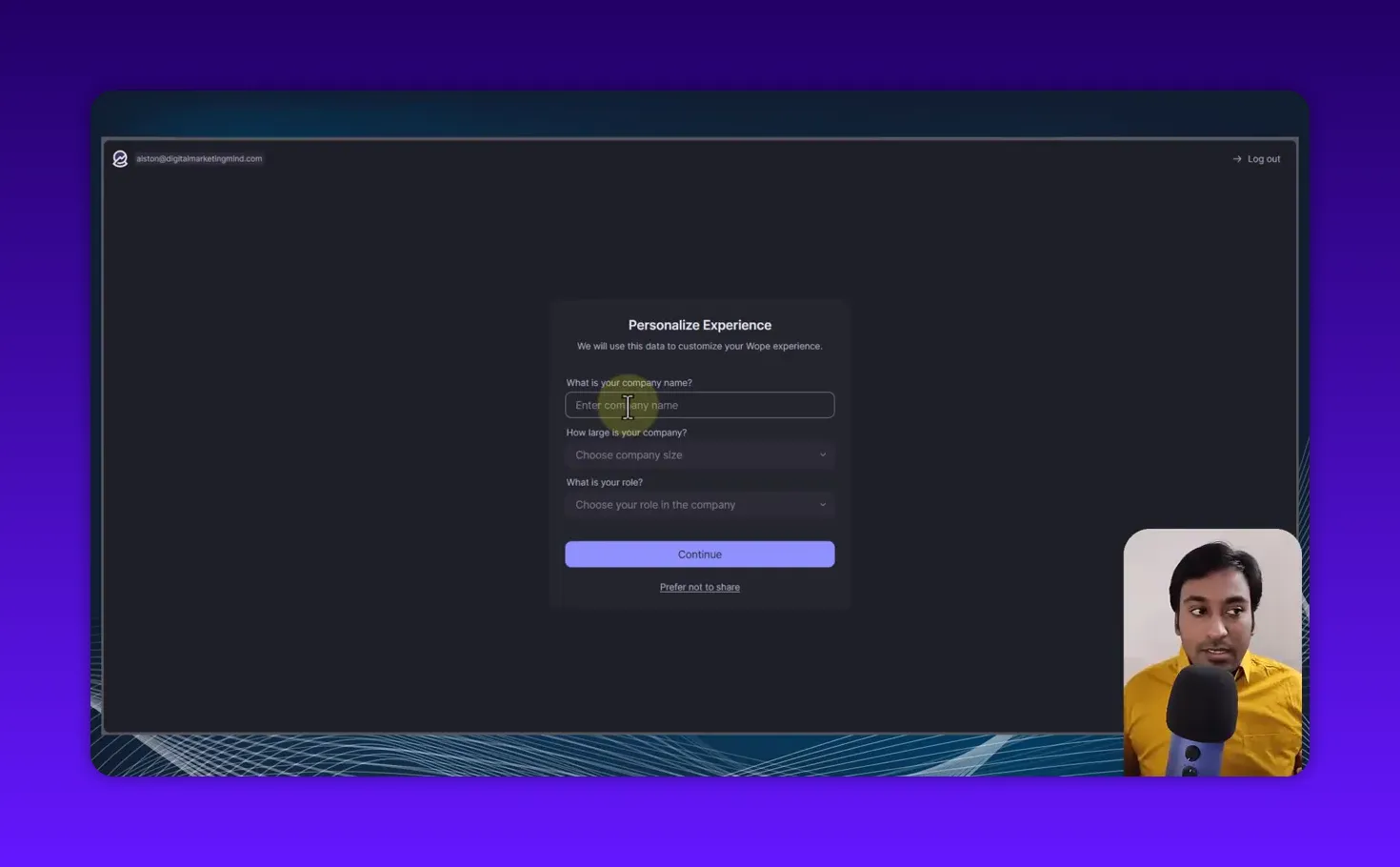 Wope 'Personalize Experience' modal with the company name input focused, shown on a dark dashboard with presenter in the corner