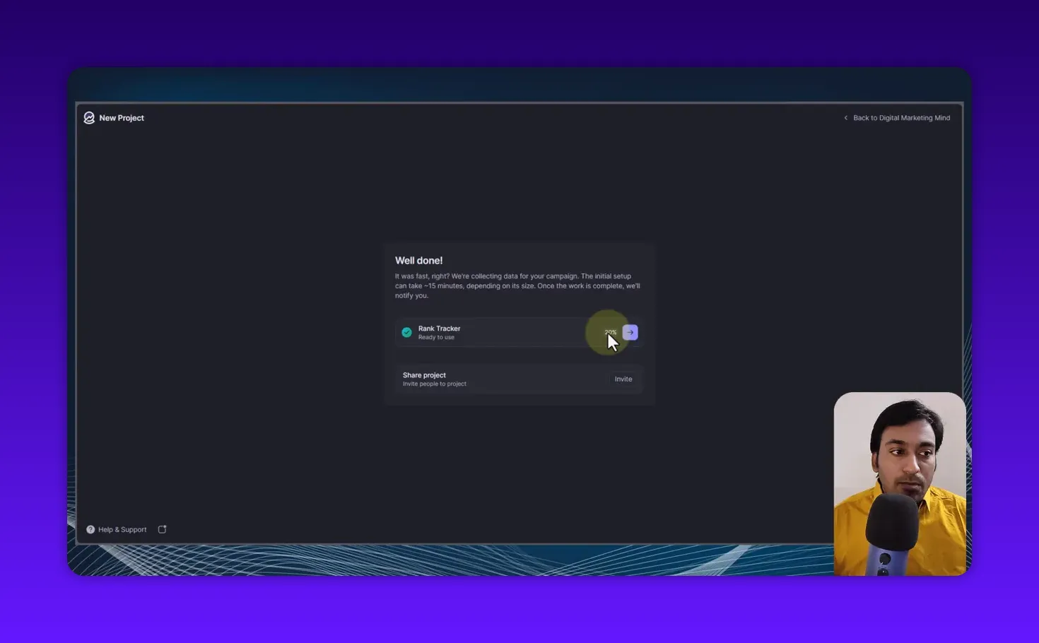 Wope 'Well done!' modal with 'Rank Tracker Ready to use', a visible progress circle and mouse cursor, and a presenter inset in the bottom-right corner.