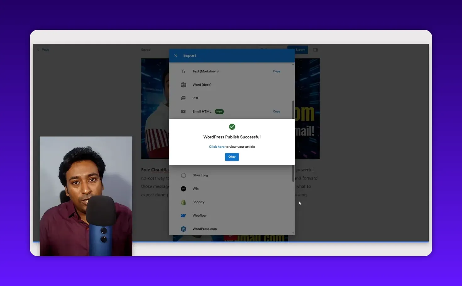 Clear 'WordPress Publish Successful' confirmation dialog in the export window with the presenter visible in an overlay on the left.