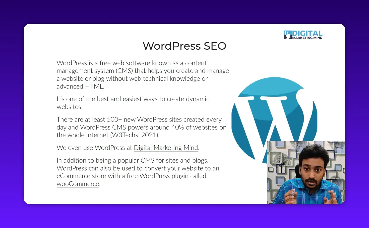 Clear presentation slide titled 'WordPress SEO' with readable text on the left and a small presenter inset in the lower-right; large WordPress logo visible on the right.