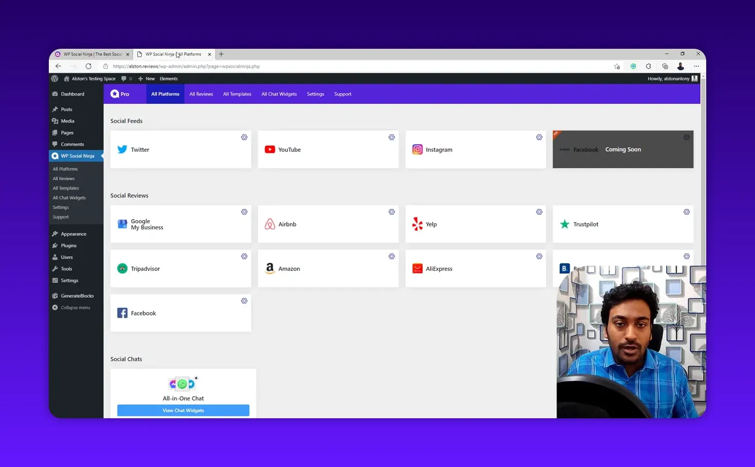 Clear screenshot of the WP Social Ninja admin dashboard showing Twitter, YouTube, Instagram cards, review sources (Google, Airbnb, Yelp, Trustpilot, Amazon) and a presenter overlay.