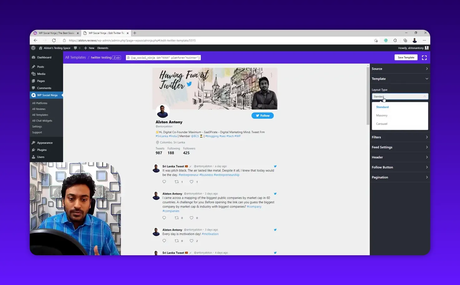 WP Social Ninja layout type dropdown open showing Standard, Masonry and Carousel with live Twitter feed preview