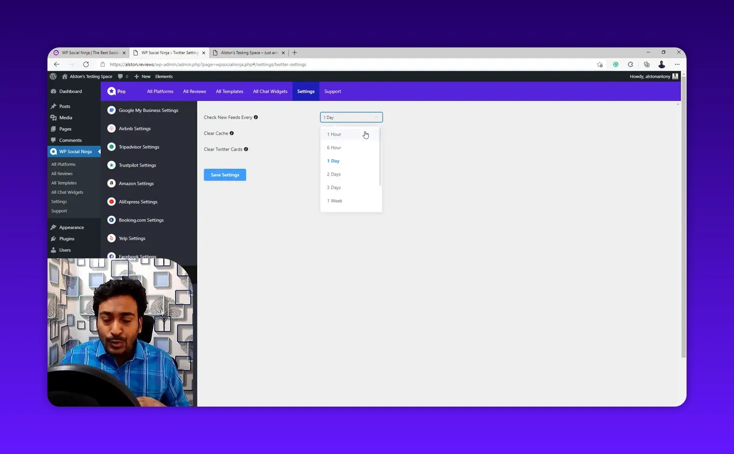 WP Social Ninja settings screen with the 'Check New Feeds Every' dropdown expanded showing options like 1 Hour, 1 Day, 2 Days and a Save Settings button.