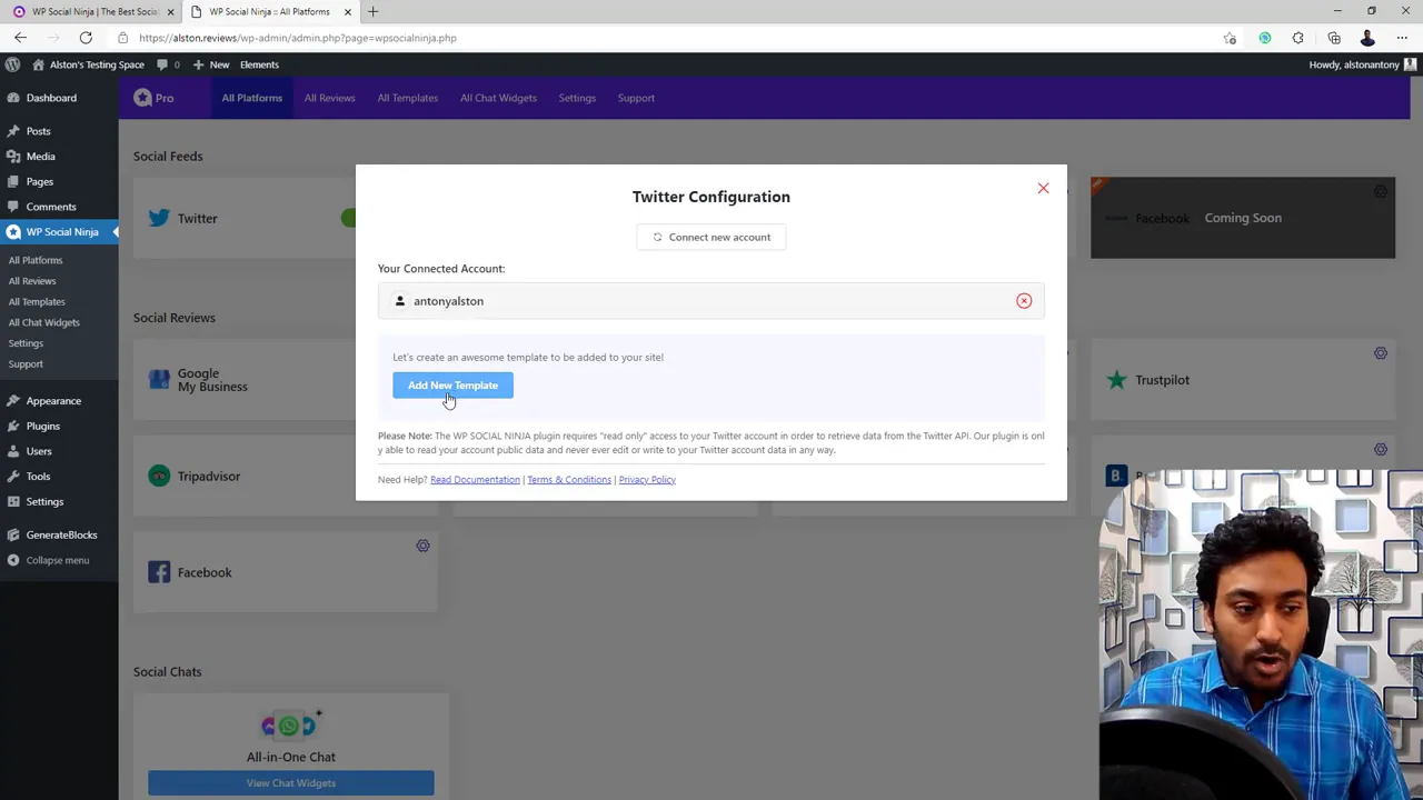 WP Social Ninja Twitter Configuration modal showing connected account and Add New Template button