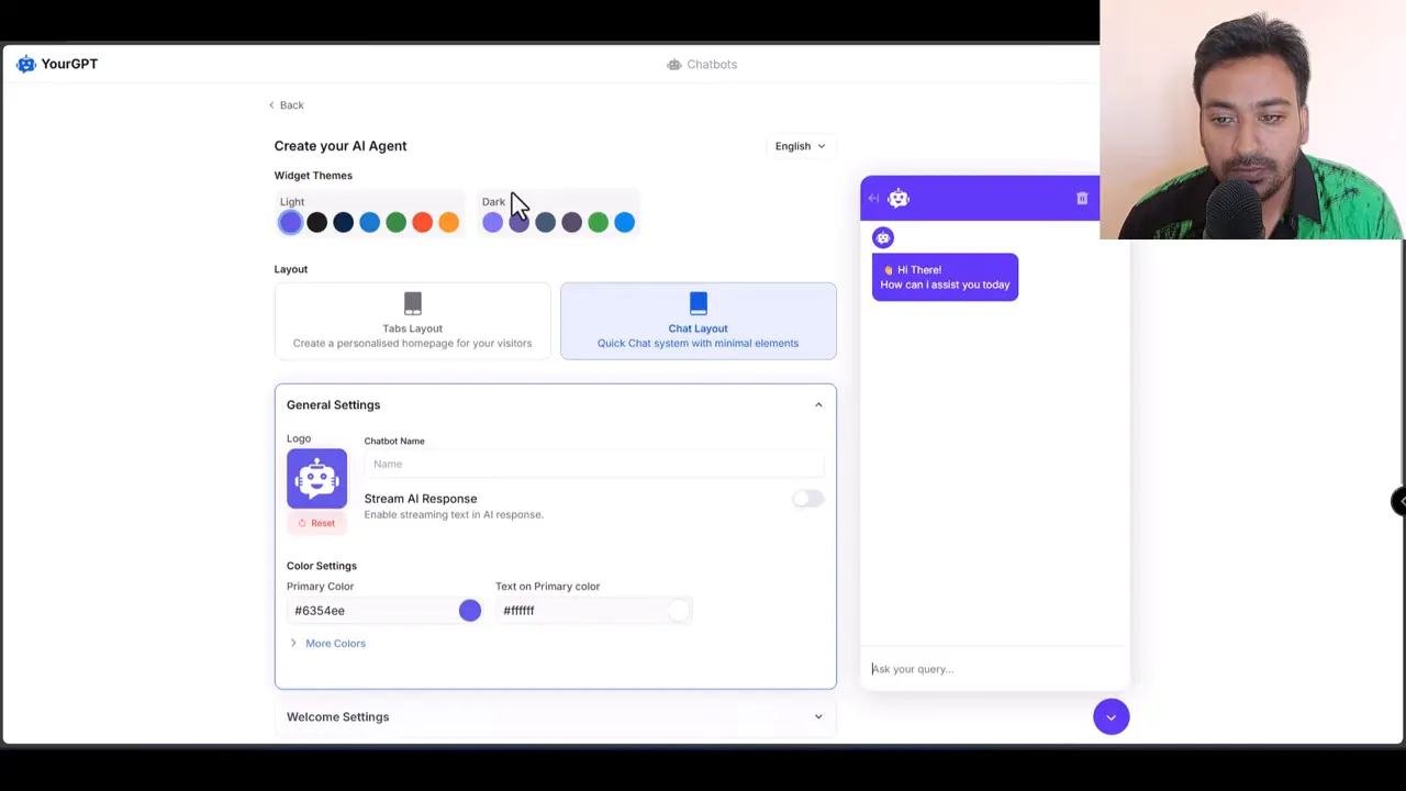 YourGPT 'Create your AI Agent' setup screen showing widget theme swatches, layout options and general settings with chat preview