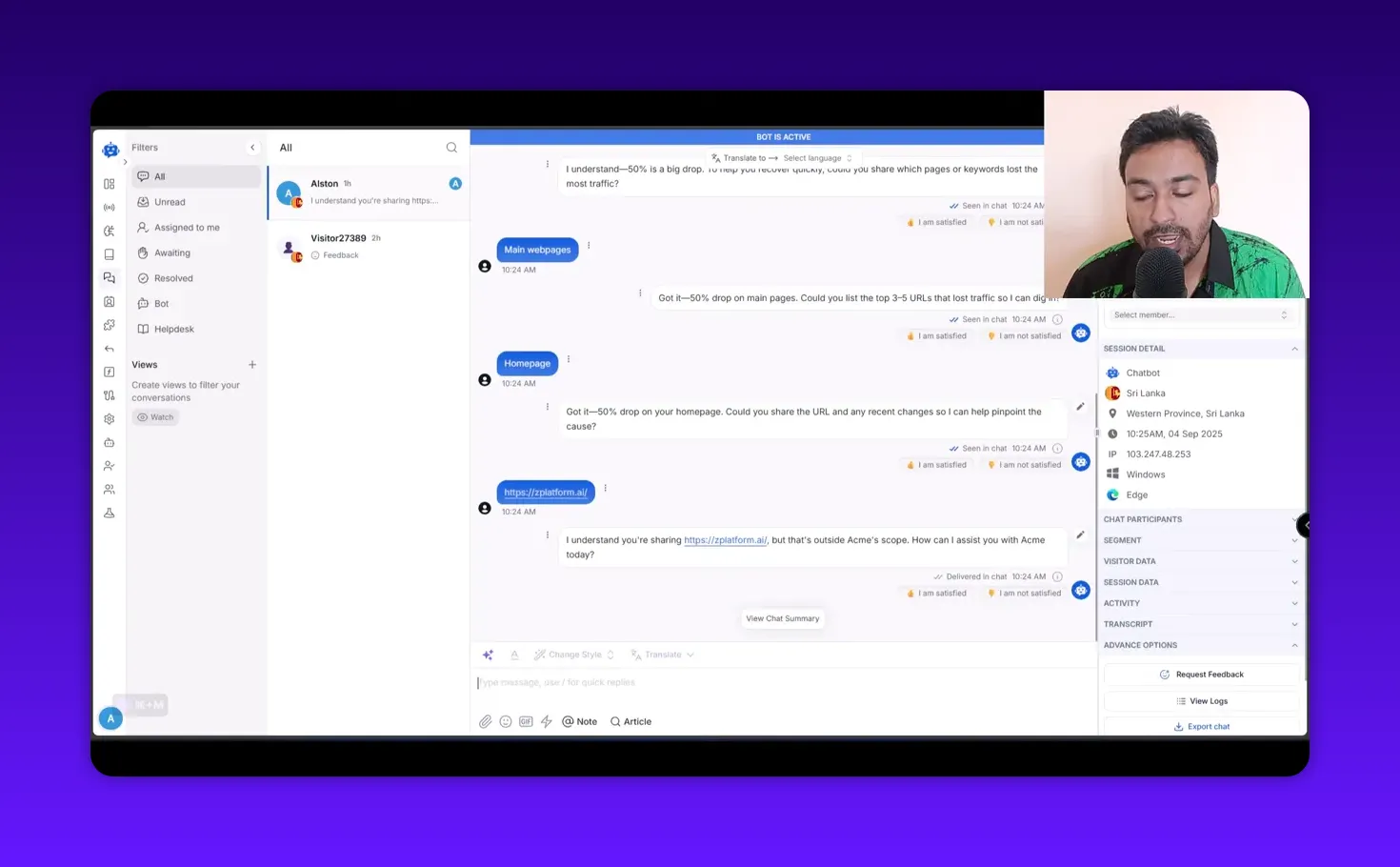 Detailed YourGPT conversation view showing message bubbles, 'View Chat Summary' and session detail actions like request feedback and export chat