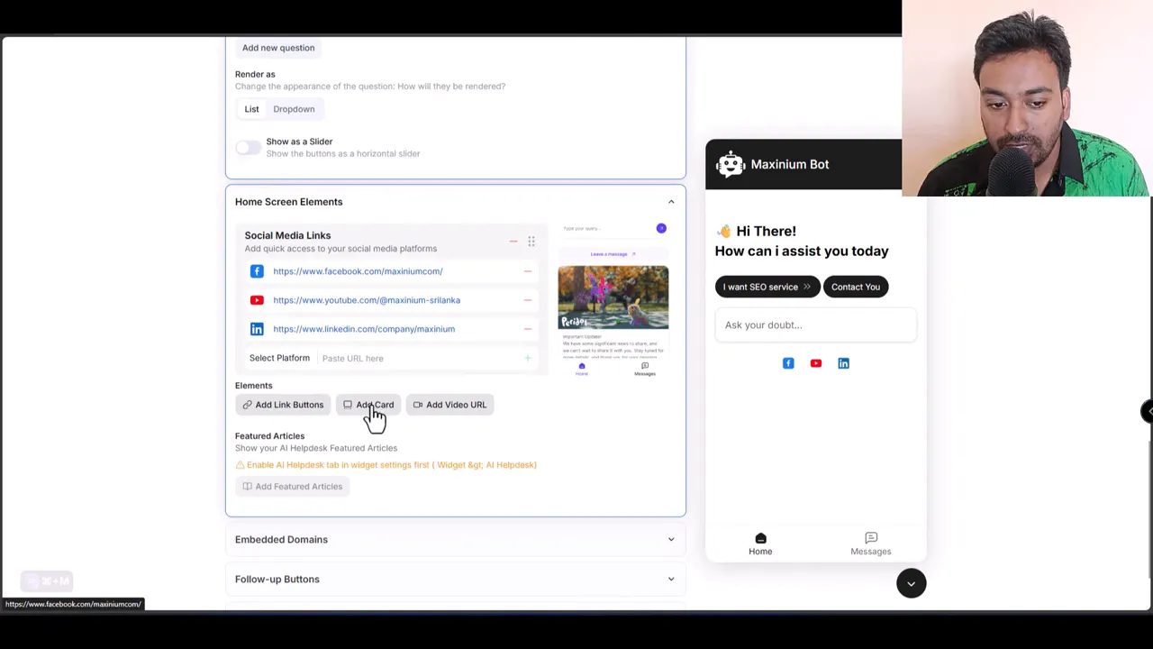 YourGPT home screen editor showing social media links, cursor on 'Add Card' and a chat widget preview on the right.