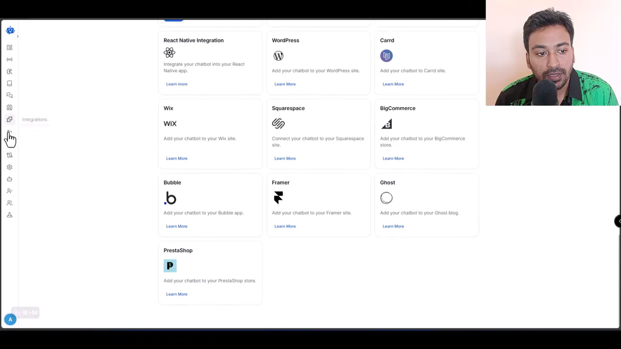 YourGPT integrations page showing WordPress, Wix, Squarespace, BigCommerce, Bubble, Framer and PrestaShop platform cards