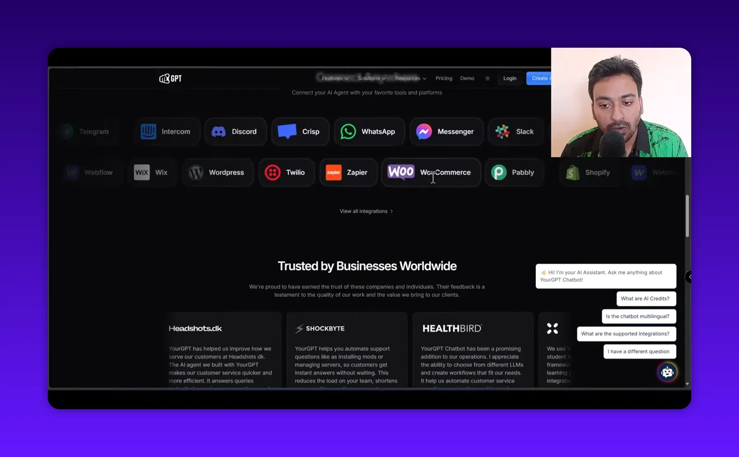 YourGPT integrations section showing platform and channel icons including WordPress, Twilio, Zapier, WooCommerce and Shopify, with the live chat widget and presenter video overlay visible.