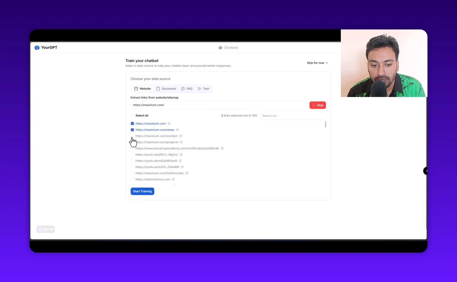 YourGPT training screen with multiple links checked and the 'Start Training' button visible.