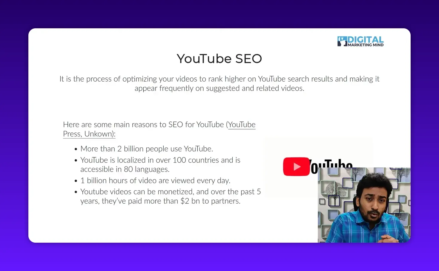 Clear presentation slide titled 'YouTube SEO' with bulleted points about YouTube usage and a presenter inset at the bottom right.